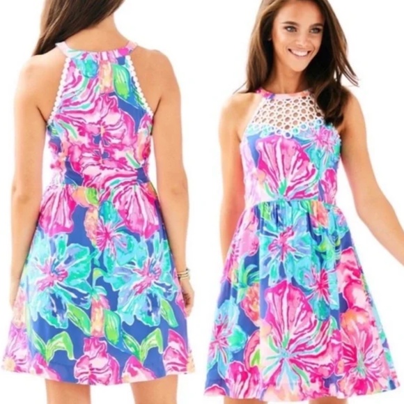 Lilly Pulitzer Dresses & Skirts - Lilly Pulitzer Kinley Lace Halter Beckon Blue Jungle Utopia Fit & Flare Dress 12